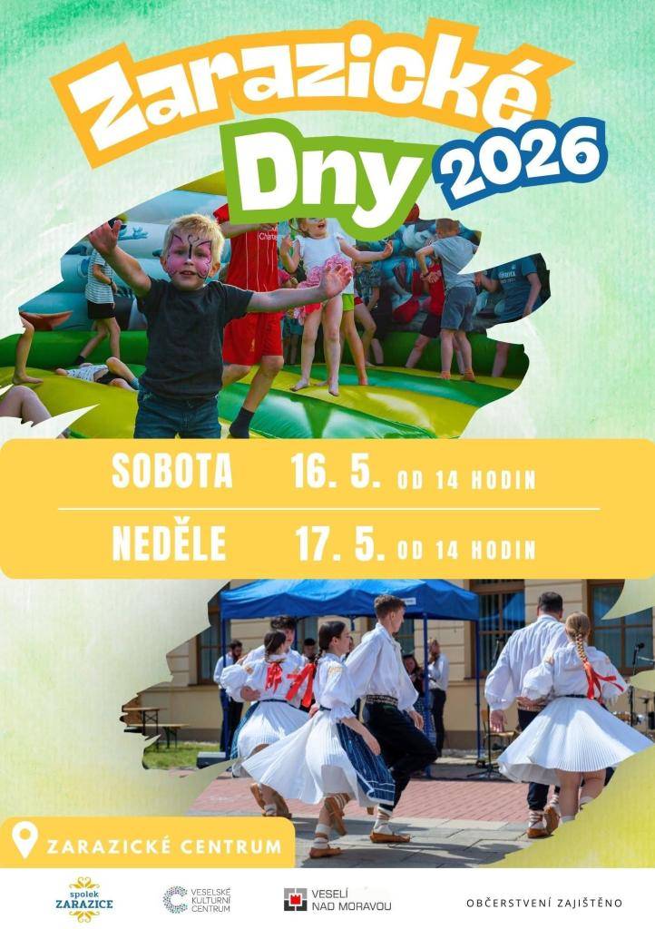 Obec Zarazice zve na Zarazické dny 2026. Akce proběhne v zarazickém centru obce v sobotu 16. a neděli 17. května vždy od 14:00 hodin, občerstvení zajištěno.