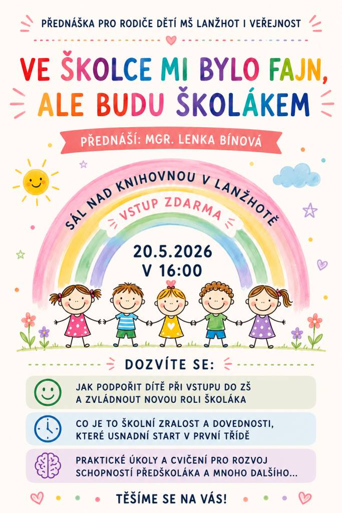 Už za pár dní čeká předškoláky velký krok – nástup do školy. Jak dětem toto období co nejvíce usnadnit a podpořit je? Přijďte na inspirativní přednášku pro rodiče i veřejnost s Mgr. Lenkou Bínovou.   Pro více informací rozklikněte.
