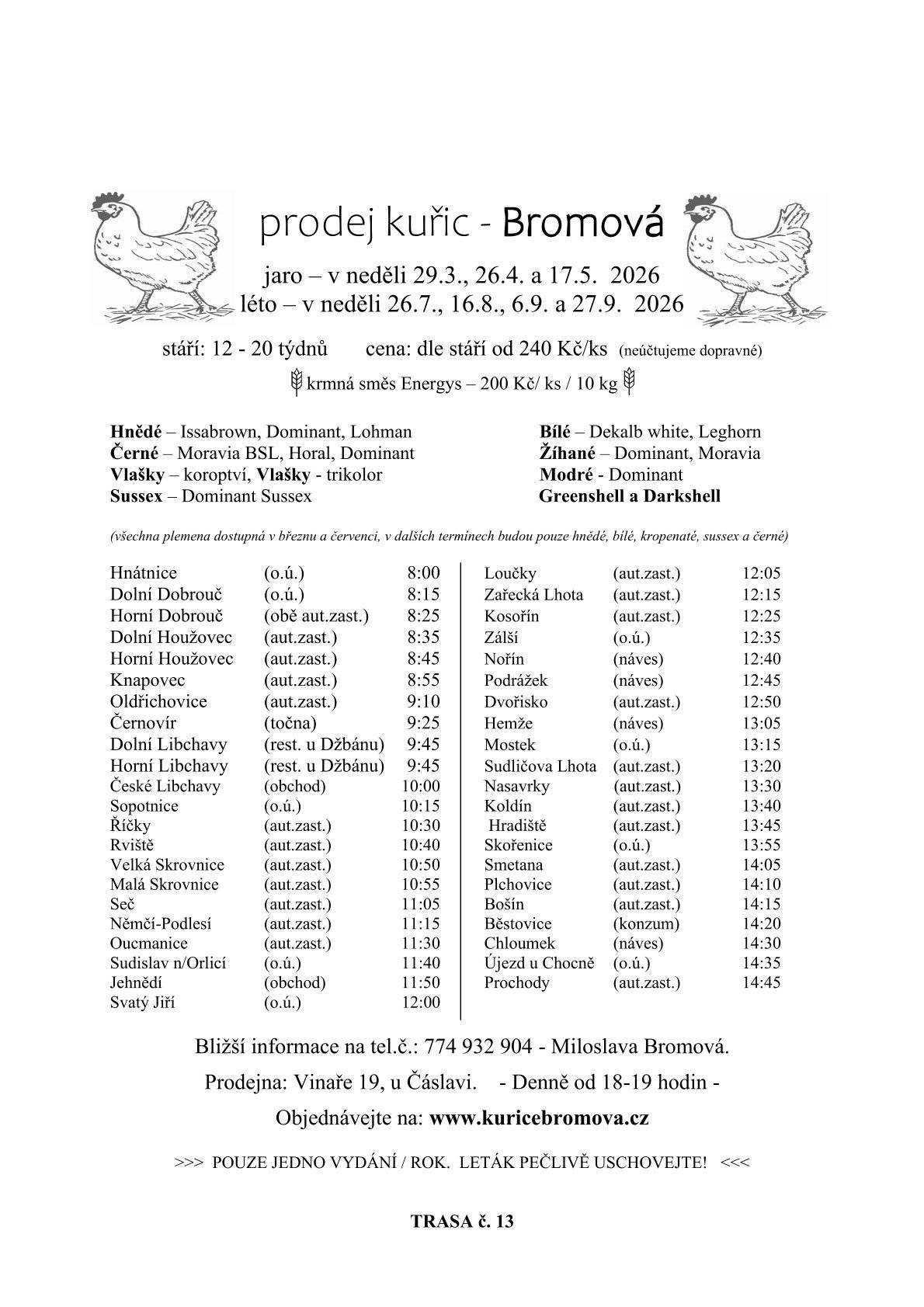 Soukromý prodejce bude prodávat slepice různých barev, cena od 240 Kč/kus dle stáří kuřic. Prodej se uskuteční v neděli 17.5.2026 v 8:15 h. u OÚ.
