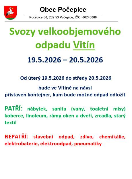 Svoz velkoobjemového odpadu ve Vitíně od úterý 19.5.2026 do středy 20.5.2026