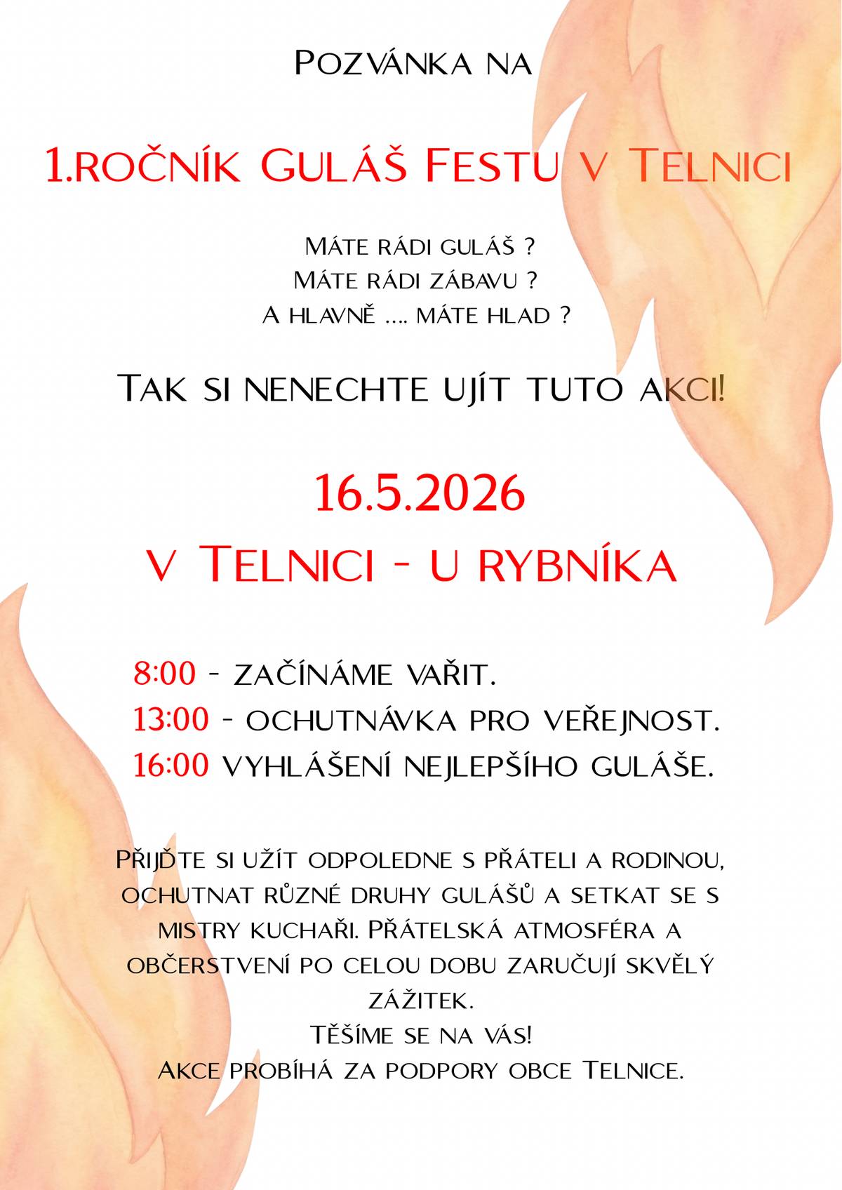 Srdečně zveme na 1. ročník GULÁŠFESTU v Telnici – 16. května 2026 v Telnici u rybníka. KONÁ SE ZA KAŽDÉHO POČASÍ.