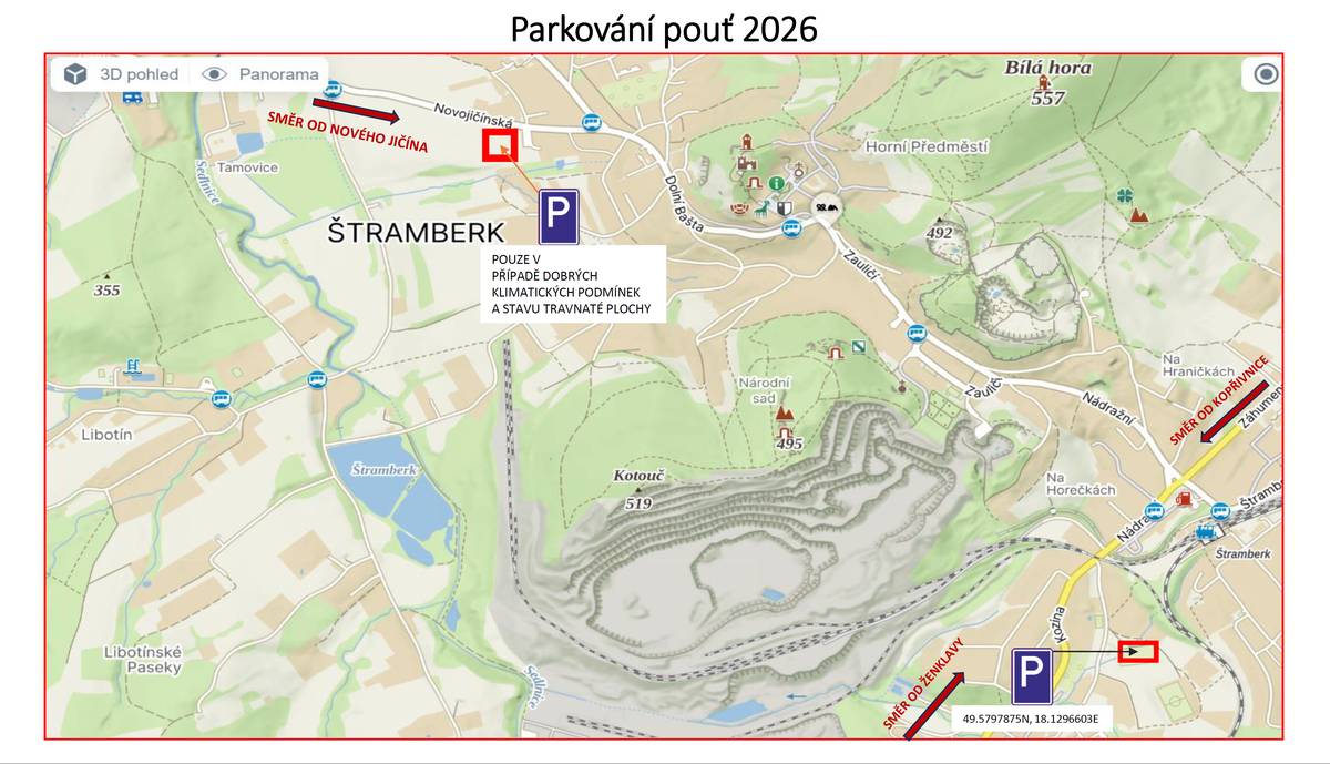 Po dobu konání pouti bude možné parkovat také na vyznačených plochách. PARKOVACÍ PLOCHY JSOU VYZNAČENY NA PŘILOŽENÉ MAPĚ. K parkování budou využity tyto plochy:  škvárové fotbalové hřiště (GPS 49.5797619N, 18.1296633E) travnatá plocha na ulici Novojičínská (GPS 49.5931389N, 18.1078344E)  Místo pro parkování na travnaté ploše na ulici Novojičínská bude vyznačeno páskami. Parkování na travnaté ploše na ul. Novojičínská bude umožněno pouze za příznivých klimatických podmínek a v závislosti na stavu travnaté plochy.