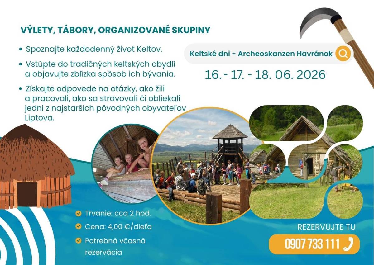 KELTSKÉ DNI sa uskutočnia 16., 17. a 18. júna 2026 pre školy v Archeoskanzene Havránok. Profesionálna skupina Vašim žiakom priblíži každodenný život Keltov - ako žili, bývali, ako sa odievali aj ich obetné aktivity.
