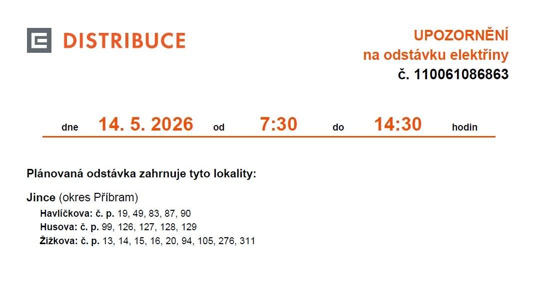 Odstávka proběhne v ul. Havlíčkova, Husova a Žižkova od 7.30 do 14.30 hodin.