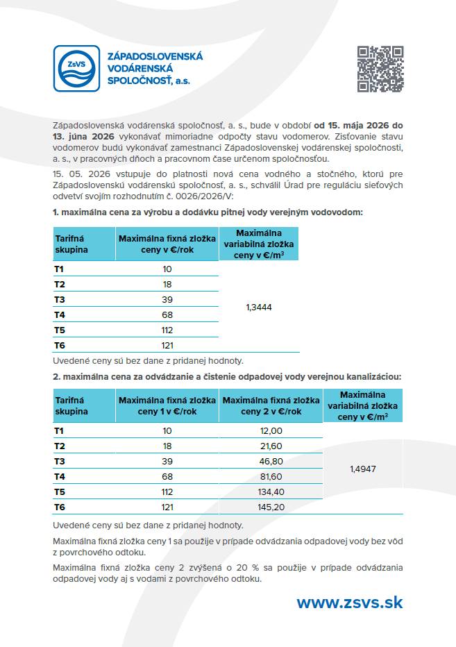 ZsVs informuje o vykonávaní mimoriadneho odpočtu stavu vodomerov, ktoré bude prebiehať v období od 15. mája 2026 do 13. júna 2026 zamestnancami Západoslovenskej vodárenskej spoločnosti, a. s., v pracovných dňoch a pracovnom čase určenom spoločnosťou.