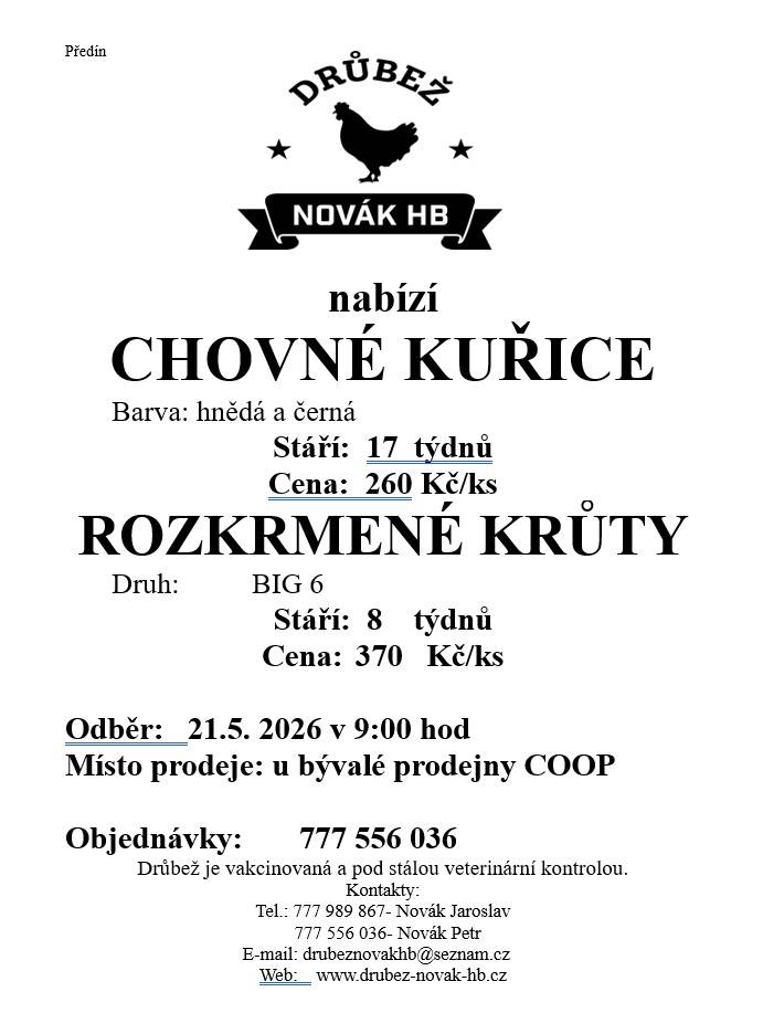 Drůbež Novák HB- drůbežárna Mírovka, prodává 21.5.2026, v 9 hodin před bývalou prodejnou COOP, nosné kuřice před snůškou stáří  17 týdnů, cena 260 Kč za kus, barva hnědá a černá, dále rozkrmené krůty stáří 8 týdnů, cena 370 Kc za kus.