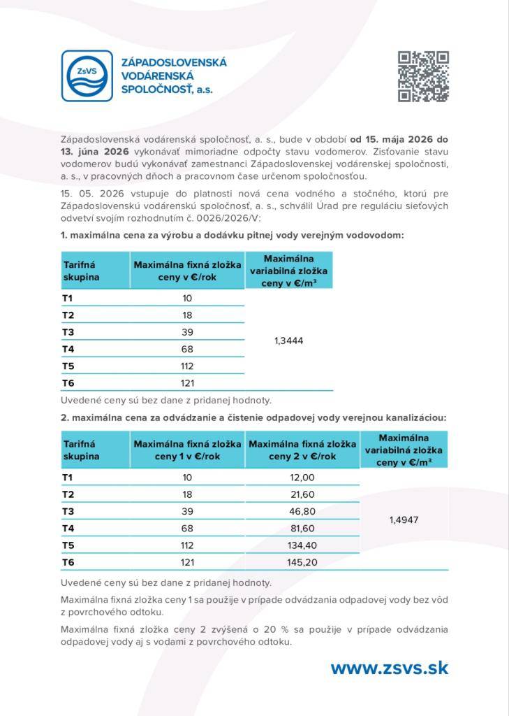 Mimoriadne odpočty stavu vodomerov od 15.mája 2026 do 13.júna 2026