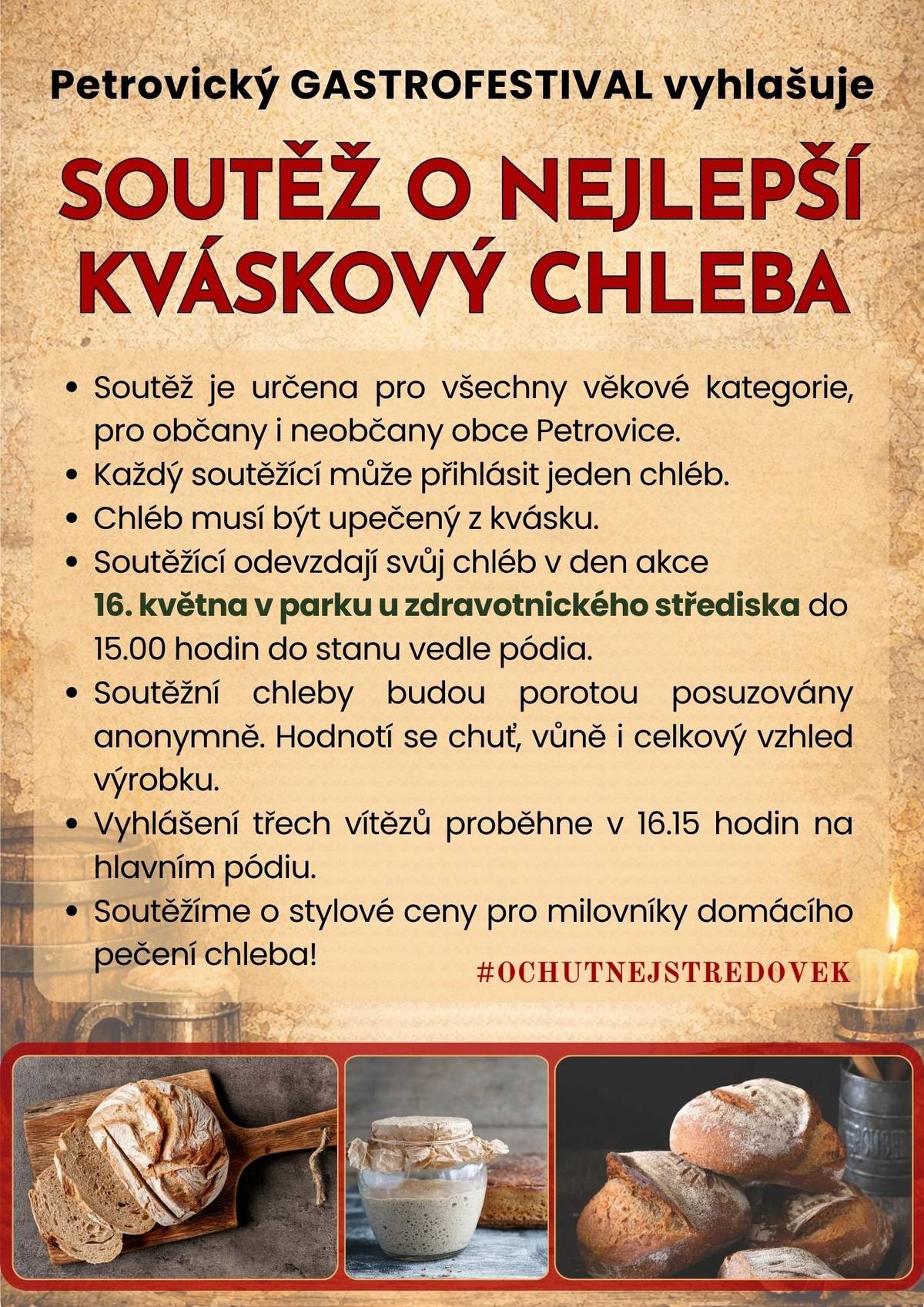 Kdo získá Řád kváskového bochníku na petrovickém GASTROFESTIVALU roku 2026? To, mimo jiné, posoudí i Klára Mahdal, účastnice soutěže Peče celá země roku 2024, na jejíž brownies, medovník, frgály či sladké oříšky se během odpoledne můžete těšit i v rámci stánkového prodeje!    #OchutnejStredovek a zapoj se do stylové soutěže! Tvůj kvásek má stále šanci upéct vítězný bochník a získat hodnotné ceny!