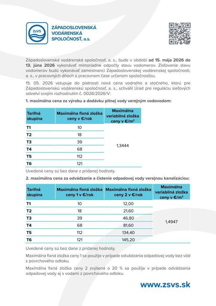 Oznamujeme, že Západoslovenská vodárenská spoločnosť, a. s. bude v období od 15. mája 2026 do 13. júna 2026 vykonávať mimoriadne odpočty stavu vodomerov v domácnostiach.