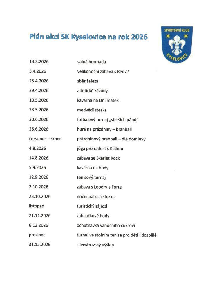 Sportovní klub Kyselovice zve všechny na akce v roce 2026