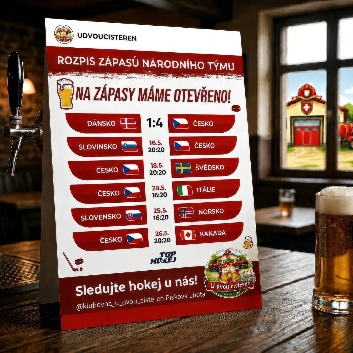 🏒🇨🇿 PRVNÍ VÝHRA JE DOMA! 🇨🇿🏒 Úvodní zápas máme úspěšně za sebou a jedeme dál! 🔥 Čekají nás další napínavé hokejové večery plné emocí, gólů a společného fandění. 🍻 📣 Přijďte podpořit národní tým k nám do Klubovny U dvou cisteren! Skvělá atmosféra, vychlazené pivo a pravý hokejový zážitek zaručen! 💪 Staň se i TY trenérem z tribuny! Každý gól se počítá, každý hlas pomáhá! 🥅🔥