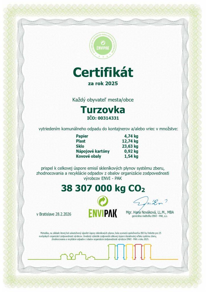 Naše mesto opäť preukázalo svoju zodpovednosť voči životnému prostrediu. V uplynulých dňoch sme obdržali certifikát od organizácie ENVI-PAK za výnimočný prínos k zníženiu emisií skleníkových plynov prostredníctvom triedenia komunálneho odpadu v roku 2025.