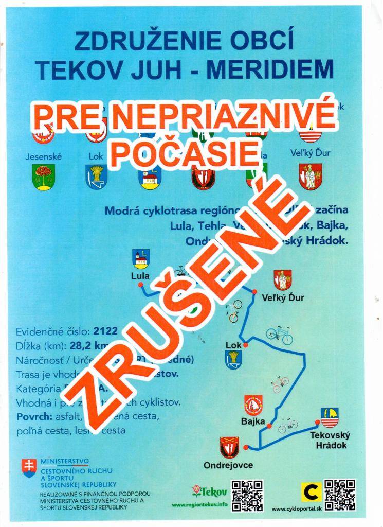 Z dôvodu nepriaznivého počasia dňa 16.05.2026 /sobota/ bude regionálny cyklovýlet MERIDIEM zrušený.