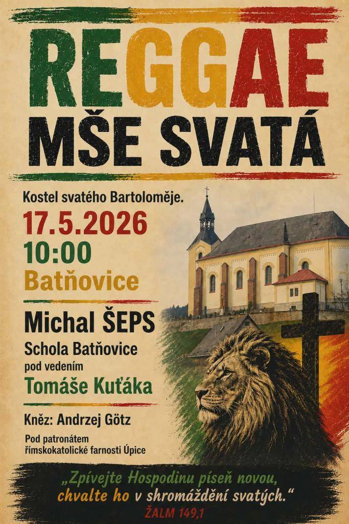Přijměte pozvání k netradiční bohoslužbě. Vystoupí Schola Batňovice s Tomášem Kuťákem a hostem Michalem Šepsem. Mše svatá se koná pod patronátem Římskokatolické farnosti Úpice a pod vedením kněze Andrzeje Götze.