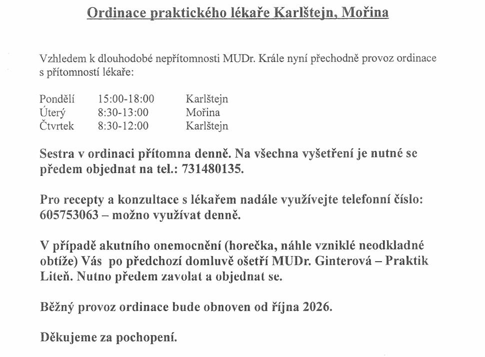 Provoz ordinace MUDr. Krále - důležité informace