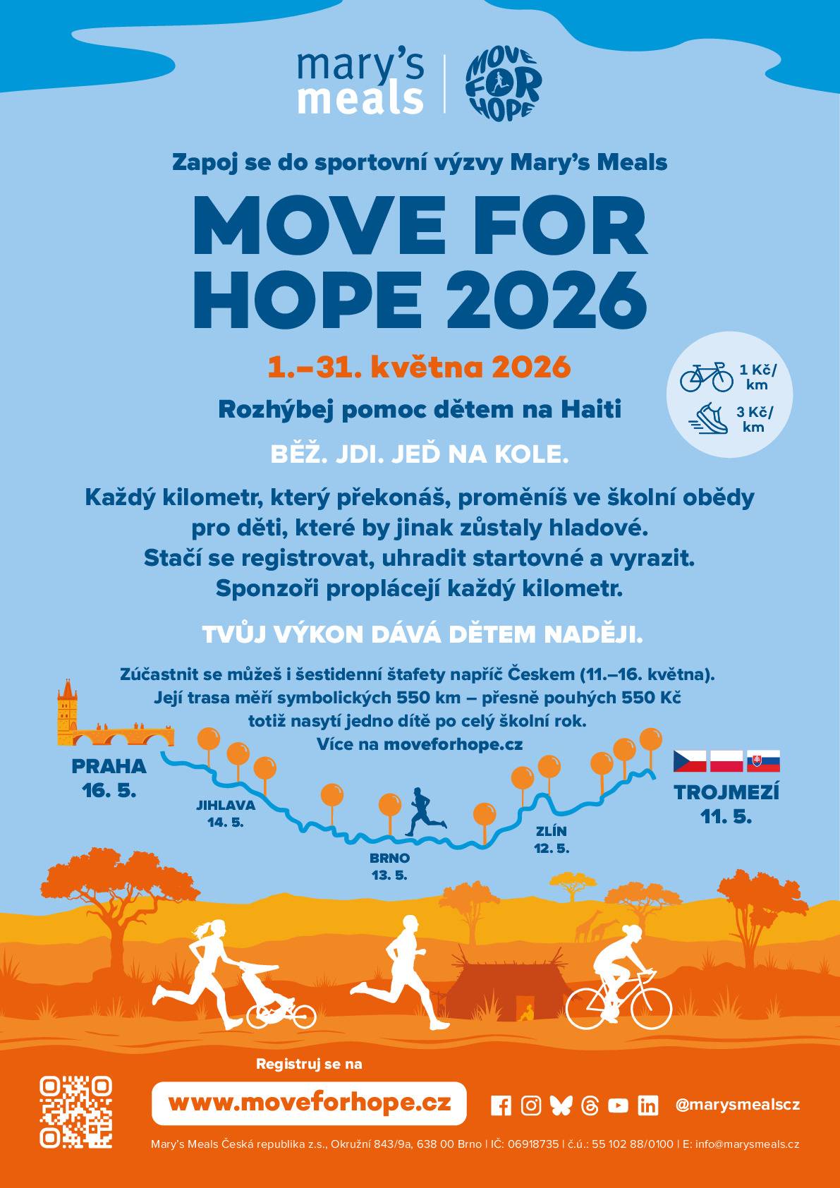 V sobotu 16. května projedou Čerčany účastníci šestidenní štafety Move for Hope (Pohybem pro naději). Ta letos odstartuje v pondělí 11. května a svou cestu zakončí v sobotu 16. května v Praze. Měří celkem 550 kilometrů. Cyklisticko-běžecká štafeta je součástí květnové sportovní výzvy Move for Hope, která propojuje pohyb s pomocí potřebným. Výtěžek letošního ročníku putuje na podporu dětí na Haiti, které čelí dopadům dlouhodobé krize spojené s násilím a nestabilitou. Zapojit se může každý. Stačí se zaregistrovat na webu www.moveforhope.cz, uhradit startovné a tím už přispět na dobrou věc – částka 550 Kč totiž zajistí jednomu dítěti školní stravování na celý rok. Právě proto měří štafeta symbolických 550 kilometrů. Po registraci mohou účastníci po celý květen sportovat, své výkony zaznamenávat do webové aplikace a pomáhat tak ještě víc. Každý uběhnutý či ušlý kilometr podpoří sponzoři částkou 3 Kč, kilometr na kole jednou korunou. Společně se startovným pak tyto prostředky zamíří na pomoc dětem na Haiti, pro které je školní jídlo často klíčovou jistotou i motivací zůstat v bezpečném prostředí školy. Za výzvou stojí česká pobočka mezinárodní humanitární organizace Mary’s Meals, která od roku 2002 zajišťuje školní stravování dětem v nejchudších částech světa. Díky zapojení dobrovolníků a využívání místních zdrojů se daří udržet náklady na jedno dítě na celý školní rok v průměru na pouhých 550 Kč. Více informací najdete na www.moveforhope.cz nebo www.marysmeals.cz.