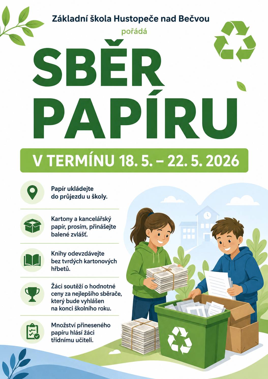 Základní škola Hustopeče nad Bečvou pořádá sběr papíru v termínu od 18.5. do 22.5.2026
