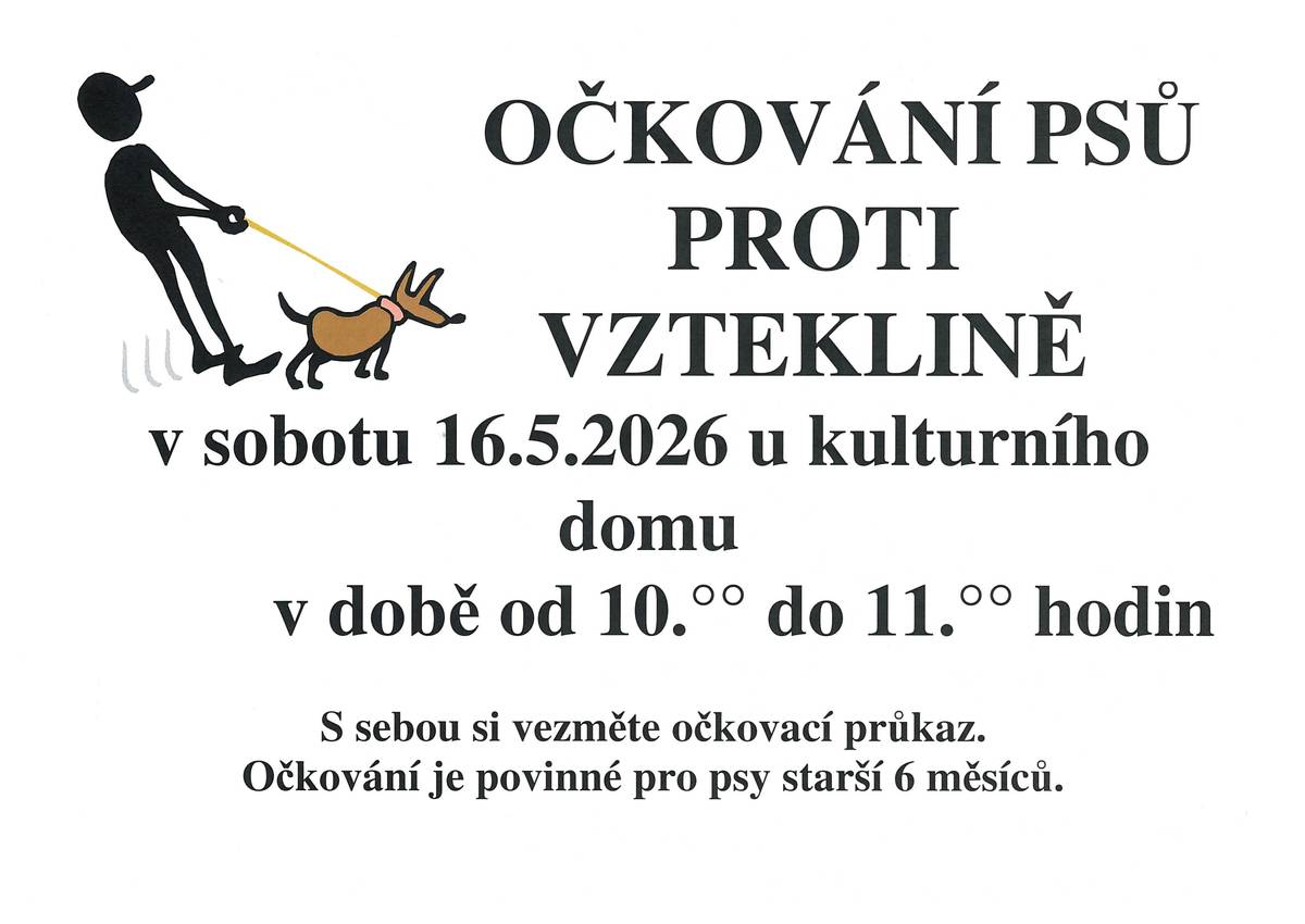 V sobotu 16.5.2026 od 10:00-11:00 proběhne u KD Mrákotín očkování psů proti vzteklině.