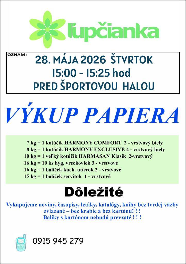 Firma Ľupčianka,s.r.o.  ponúka pravidelný  výkup papiera.  Vykupuje sa bežný papier z domácnosti ako časopisy, noviny,kancelársky papier, katalogy, letáky, knihy bez tvrdej väzby zviazaný špagátom nie v kartónovej krabici alebo igelitke.