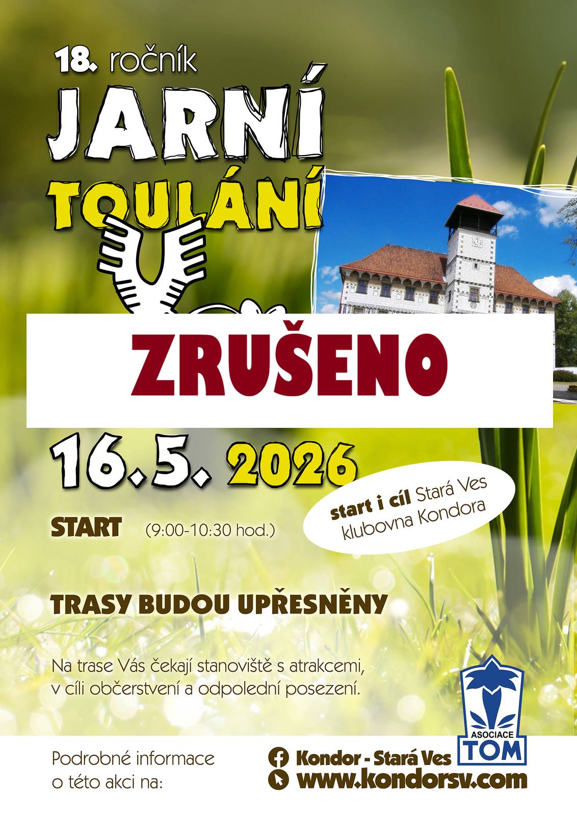 Zítřejší 18. ročník Jarního toulání s Kondorem se z důvodu nepříznivého počasí ruší. Děkujeme za pochopení.
