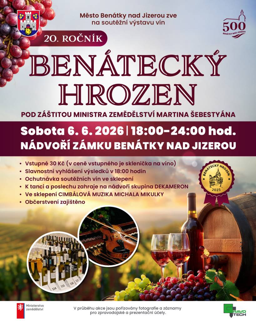 V rámci 20. ročníku Benáteckého hroznu ve čtvrtek 14. května zasedly 3 odborné degustační komise a ohodnotily přihlášené vzorky českých, moravských a slovenských vín. Byl vytvořen KATALOG (níže). Veřejné vyhlášení výsledků proběhne v sobotu 6.6. v 18 hodin na zámeckém nádvoří - viz plakát.