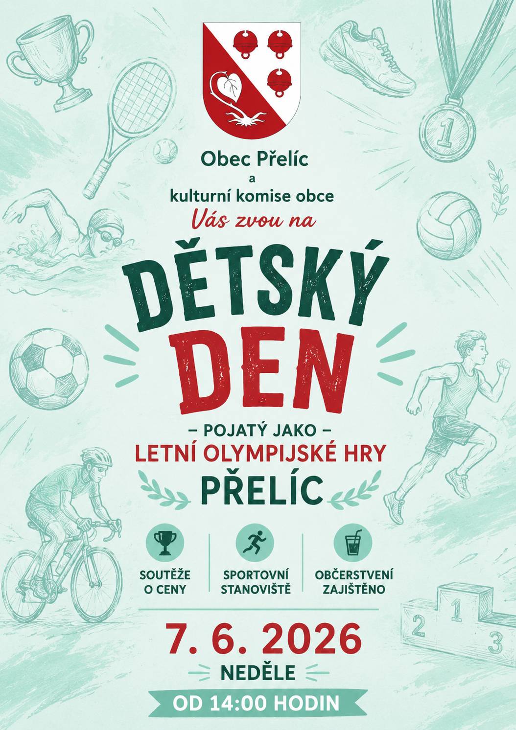 🏅🎉 Přijďte s námi prožít odpoledne plné sportu, her a zábavy na Dětském dni v Přelíci! Čekají vás soutěže o ceny, sportovní stanoviště i občerstvení pro malé i velké. 💪⚽🚴♂️ 📅 Neděle 7. 6. 2026 od 14:00 hodin 👉 Zároveň hledáme dobrovolníky na pomoc se stanovišti a organizací akce. Chcete pomoct dětem užít si skvělý den a být součástí prima party? Budeme moc rádi za každou pomoc! ❤️ 📞 Dobrovolníci se mohou hlásit paní Hafenrichterové nebo na Obecním úřadě Přelíc na tel.: 773 226 644 Těšíme se na vás! 🙌
