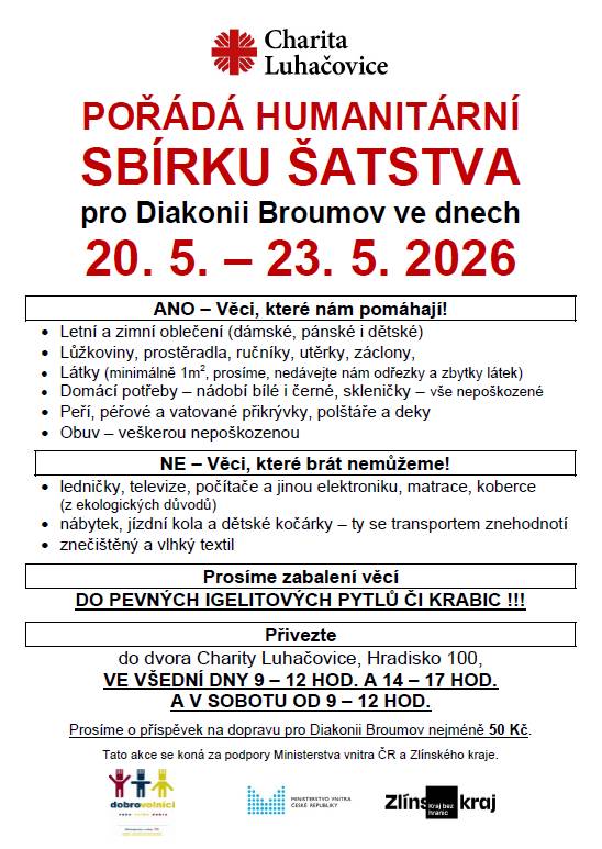 Charita Luhačovice pořádá ve dnech 20. 5. – 23. 5. 2026 humanitární sbírku šatstva