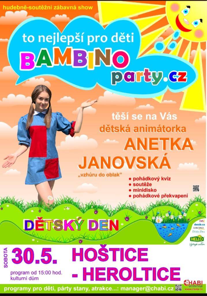 Dětský den v Hošticích-Herolticích 30. 5. 2026 za Kulturním domem od 15:00 hodin.  Můžete se těšit na pohádkový kvíz, soutěže, minidisko, pohádkové překvapení.