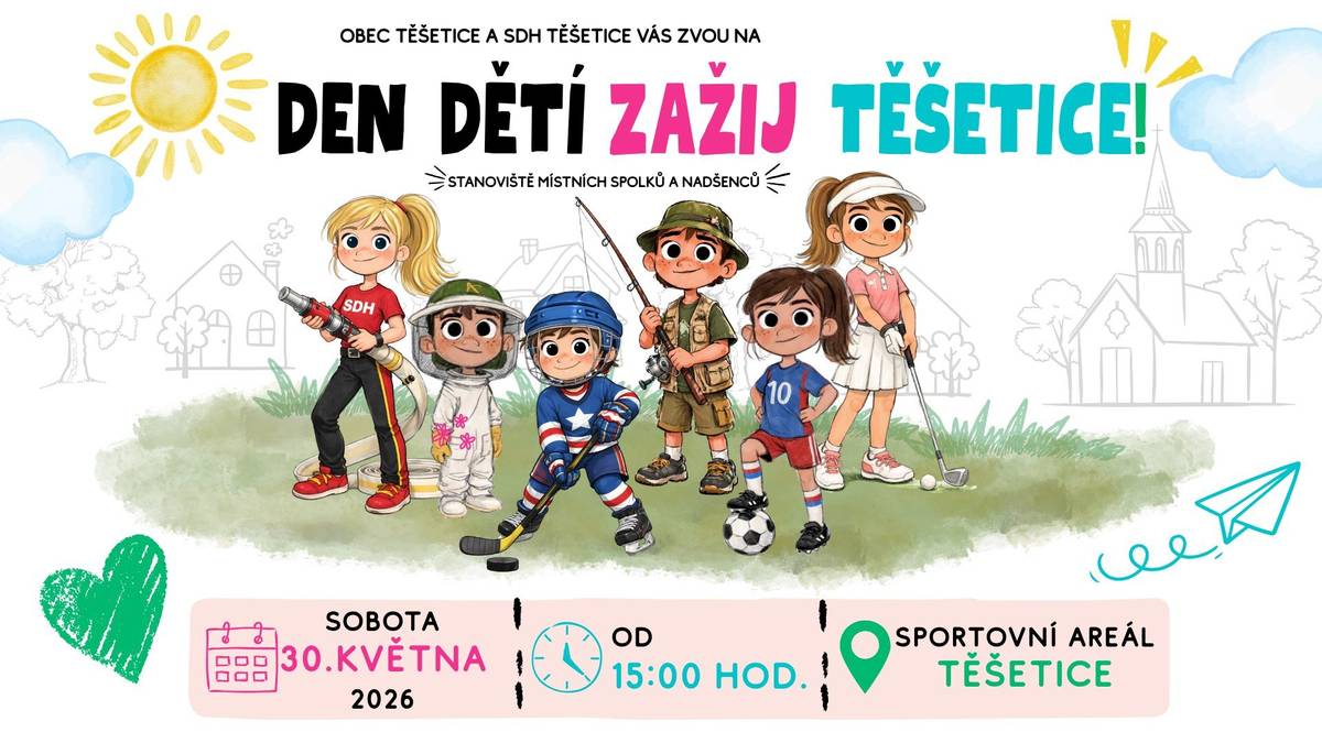 V sobotu 30. května vás SDH Těšetice ve Sportovním Areálu Těšetice s místními spolky zve na tradiční dětský den u nás ve vsi!   Letošní téma je „ZAŽIJ TĚŠETICE“, takže se můžete těšit na pestrý program, do kterého se zapojí místní nadšenci, dobrovolníci a skupiny z obce.  Pro děti budou připraveny různé soutěže a aktivity – například od golfistů, hasičů, fotbalistů, hokejistů, rybářů, vinařů, včelařů a dalších...  🚩Po celou dobu akce: nafukovací hrad malování na obličej / tetování spousta zábavy a her  🥇Za splněné soutěže čekají na děti odměny! 🕒 Program: začátek akce: 15:00 soutěže: 15:15 – cca 17:00 💦A na závěr nebude chybět ukázka požárního útoku a oblíbená hasičská pěna!   Změna programu vyhrazena..   Přijďte si s námi užít odpoledne plné zábavy, smíchu a společných zážitků. Těšíme se na vás!