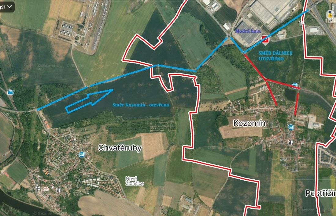 UPOZORNĚNÍ   Od dnešního dne, tj. 18.5.2025 je otevřen sjezd na dálnici D8-Úžice. Silnice ozn. II/608 Postřižín-Kozomín zůstává i nadále uzavřena.  Trasa Kralupy nad Vltavou, směr dálnice D8 je tedy průjezdná.