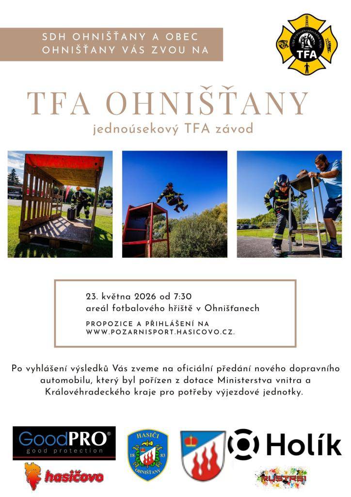 SDH Ohnišťany a obec Ohnišťany Vás zvou na závody TFA Ohnišťany, které se konají v sobotu 23. května od 9:00 hodiny na fotbalovém hřišti.