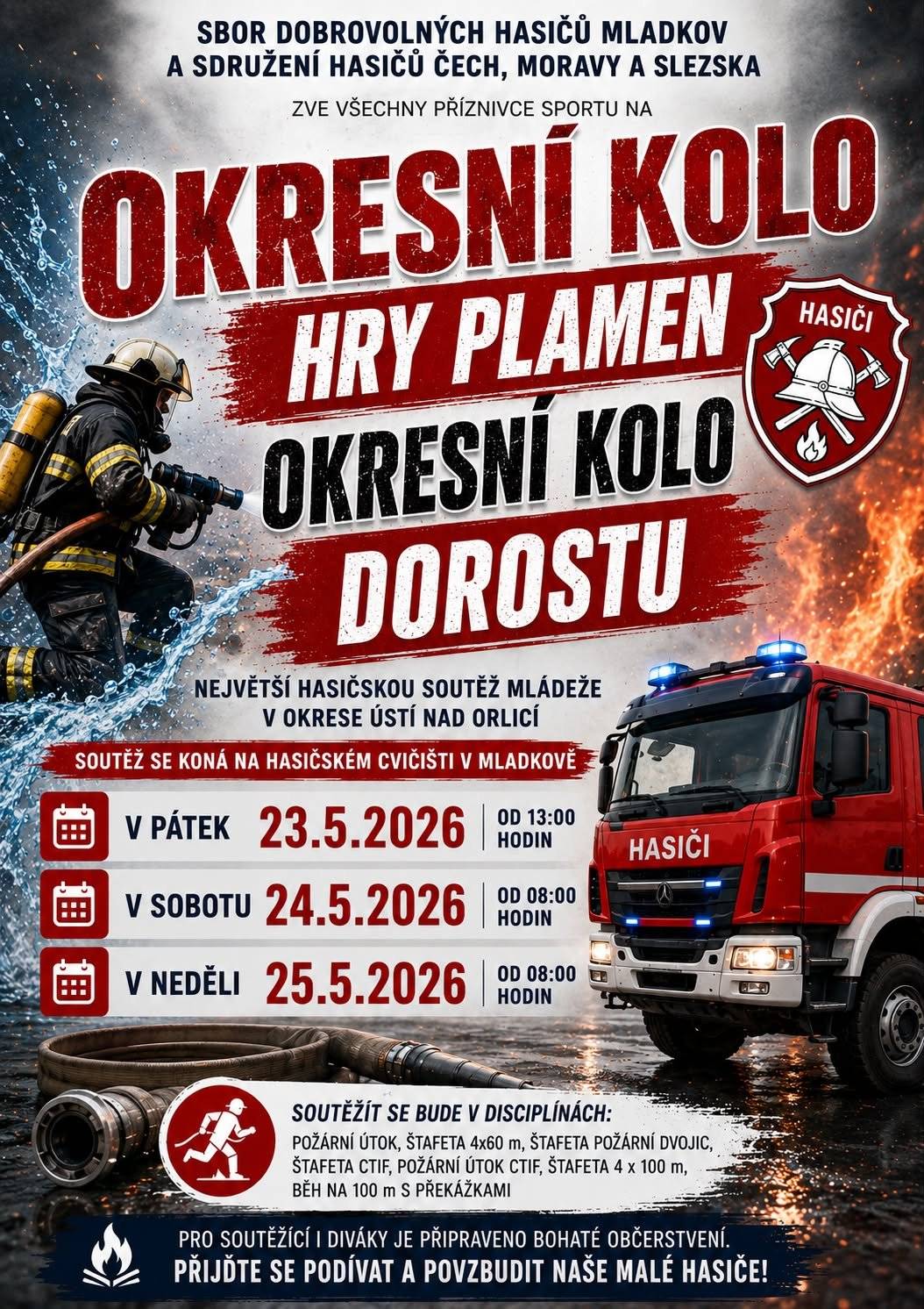 Od pátku od 13 hodin do neděle do 12 hodin bude opět probíhat v hasičském areálu okresní kolo dětí, dorostu a můžů. Přijďte se podívat a pozvbudit naše malé hasiče. Připraveno je bohaté domácí občerstvení.