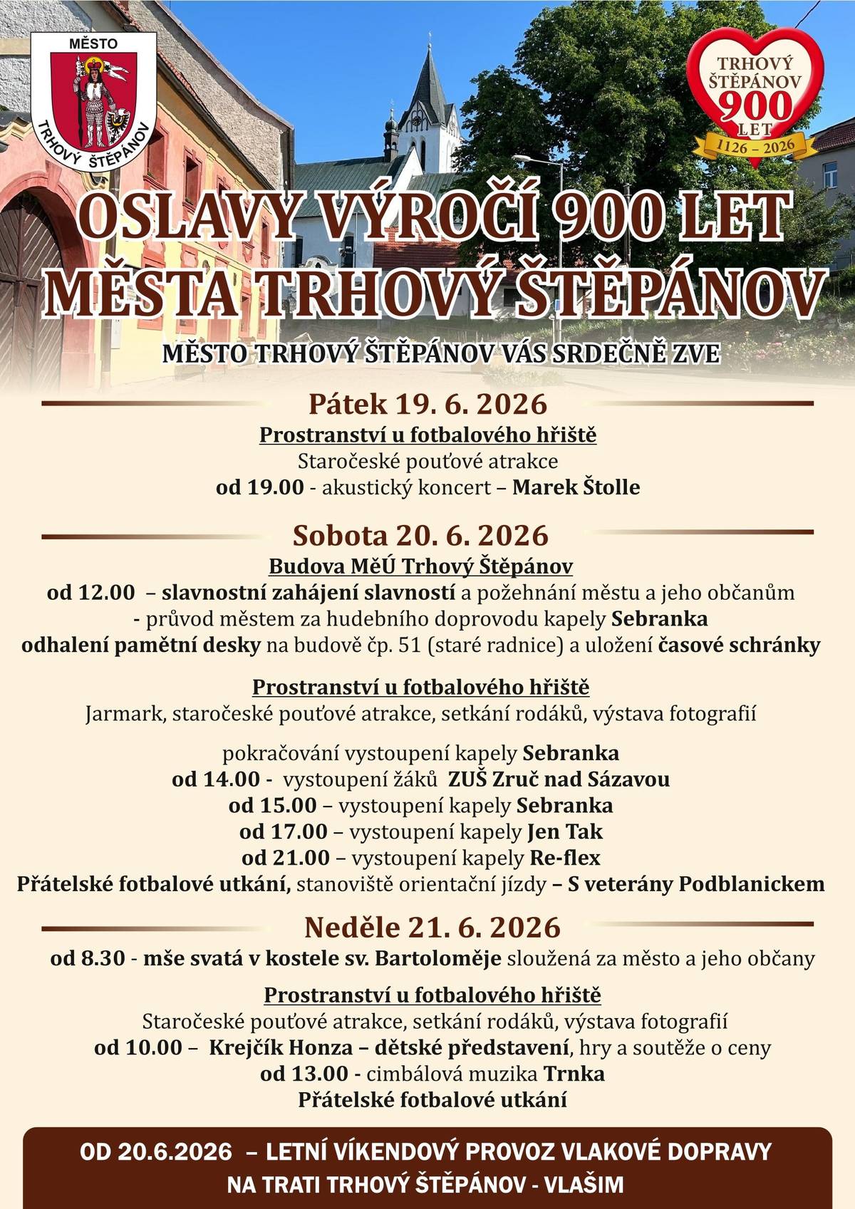 Dovolte nám, abychom vás pozvali na nadcházející akce v měsíci červnu do Trhového Štěpánova.  5.- 21.6.2026 – výstava obrazů a fotografií Štěpánovsko ve Spolkovém domě   19.-21.6.2026 – Oslavy výročí 900 let  V letošním roce si připomínáme historický milník – 900 let od první písemné zmínky o našem městě. K tomuto jubileu jsme připravili bohatý kulturní a společenský program pro všechny generace. Slavnostní zahájení: 20.6. ve 12 hod. u budovy MěÚ Trhový Štěpánov   od 20.6.2026 – letní víkendový provoz vlakové dopravy na trati Trhový Štěpánov - Vlašim  Hezký den,  Zuzana Černá