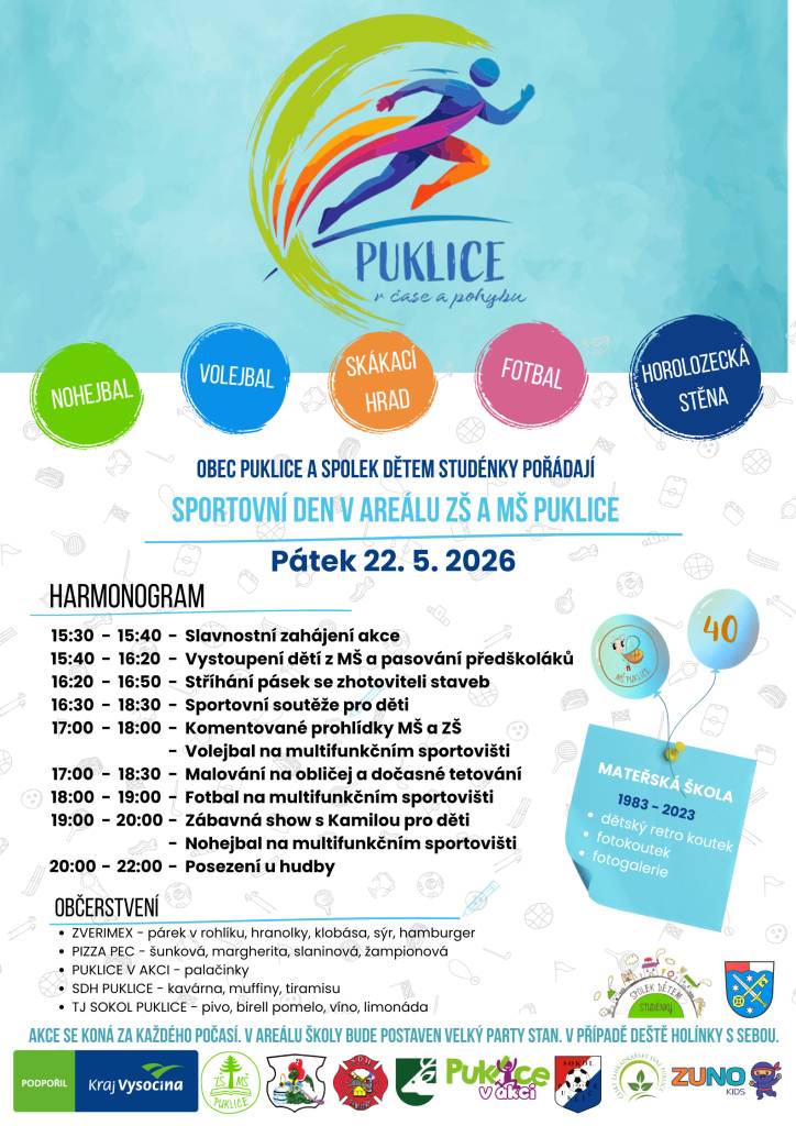 Uzavření sportovišť z důvodu konání akce Puklice v čase a pohybu