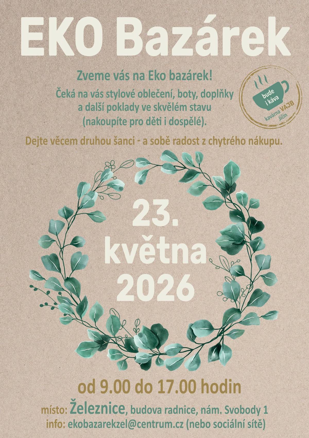 Srdečně vás zveme na jarní EKO Bazárek! Koná se v sobotu 23. května od 9 do 17 hodin v Železnici v přízemí zasedací síně radnice. Čeká na vás stylové oblečení, boty, doplňky a další poklady ve skvělém stavu (nakoupíte pro děti i dospělé). Dejte věcem druhou šanci – a sobě radost z chytrého nákupu! EKO Bazárek doprovází a podporuje kavárna VAJB z Jičína, která pro vás po dobu celé akce připraví občerstvení, výbornou kávu a v neposlední řadě matcha nápoje. Přijďte a dejte si něco dobrého. Těšíme se na vás!