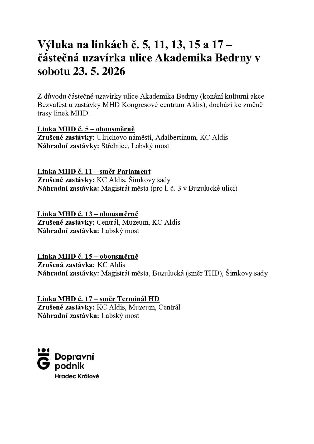 Dne 23.5.2026 bude výluka na linkách MHD, včetně linky č.15