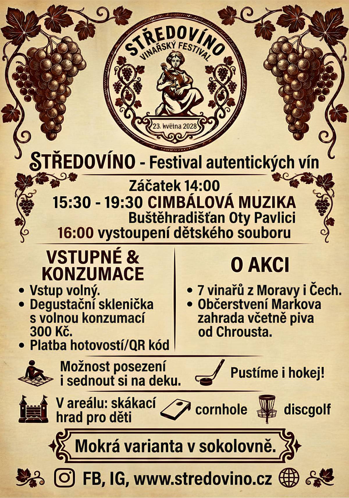 Odpočítáváte dny? My taky! Už v sobotu 23. května od 13:00 se na vás těšíme v Středoklukách. Na co se můžete těšit?   Autentická vína od skvělých vinařů (dorazí např. Petr Marada, Milan Damborský, František Vlach nebo Punkista).   Něco k zakousnutí: O parádní gastro zážitek se postará Markova zahrada.   Atmosféra: K poslechu i tanci nám zahraje živá cimbálová muzika.   Vstupenky a skleničky budou k dostání přímo na místě. Přijďte si užít sousedskou pohodu a skvělé víno. 👉 Kompletní info najdete na www.stredovino.cz. Těšíme se na vás!