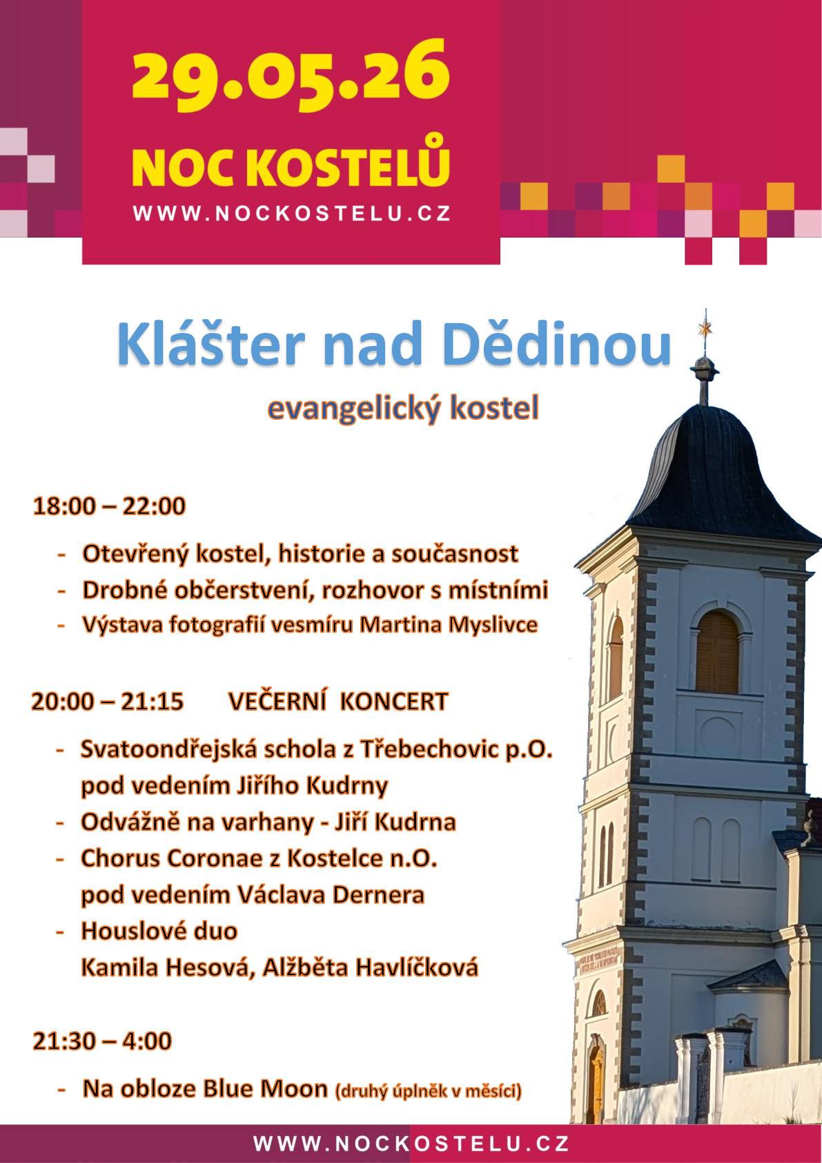 Zveme Vás v rámci Noci kostelů, která proběhne 29.5.2026, do evangelického kostela v Klášteře nad Dědinou. Program naleznete v přiloženém letáku.