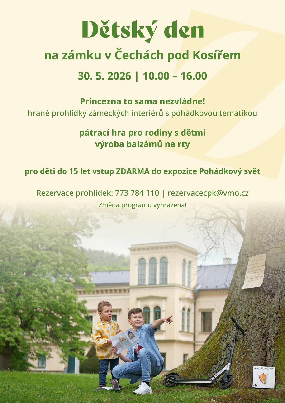 Den plný zábavy pro malé i velké návštěvníky nabídne speciální dětské prohlídky zámku a bohatý doprovodný program v areálu zámku a parku. Program a bližší informace naleznete zde.