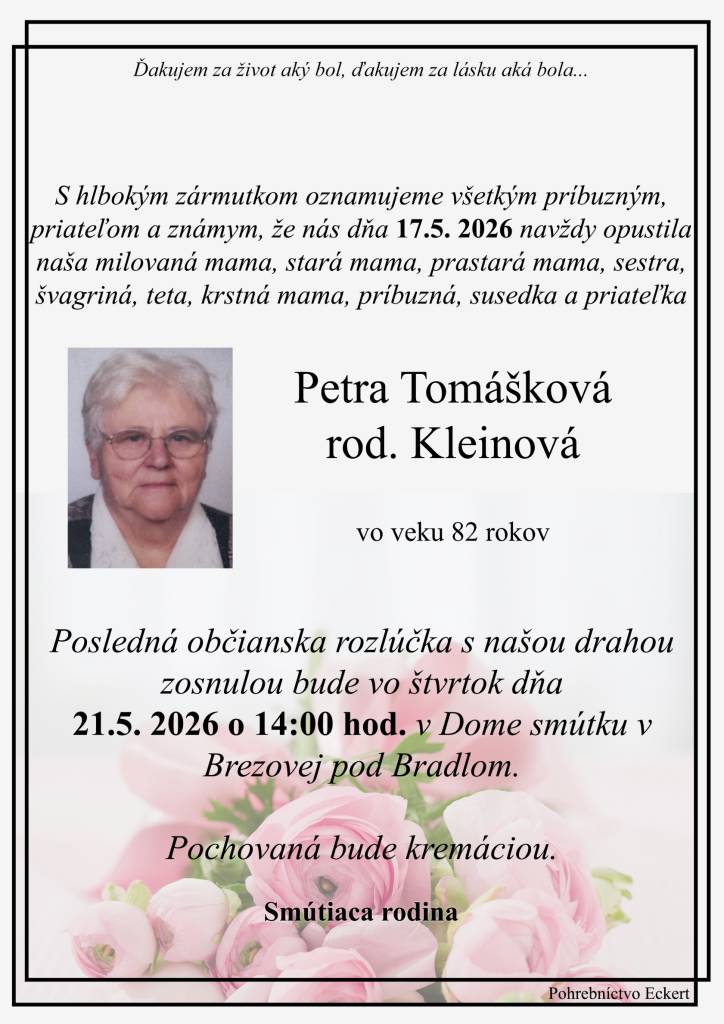Smútočné oznámenie - Petra Tomášková, rod. Kleinová