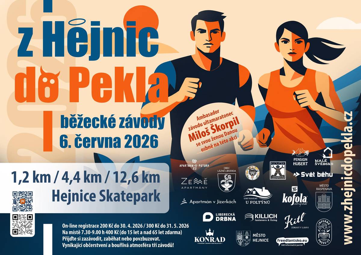 Sobota 6. června na ovále u ve Skateparku v Hejnicích, kde na vás čekají tratě pro úplně každého bez ohledu na věk, zkušenosti nebo tempo.  • děti do 15 let: 1,2 km • dospělí od 15 let: 4,4 km nebo 12,6 km • týmový závod pro ty, kteří chtějí běžet společně  Závod je otevřený všem – běžci, začátečníci, rodiny, kamarádi, kolegové i týmy. Nejde jen o rekordy, ale hlavně o radost z pohybu a společnou atmosféru. A pro děti malování, tetování, copánky. Skvělé občerstvení. Prijde mezi nás i ambasadorem akce Miloš Škorpil – nejvýznamnější český ultramaratonec – udělá nám rozcvičku, dáme s ním interview a poběží střední trasu s námi. Starty: děti 1,2 km - 9:00 hod • 4,4 km (ženy, muži, týmy) - 9:35 hod • 12,6 km (ženy, muži) - 10:10 hod.  Do konce května se registrujte online za zvýhodněnou cenu 300,- Kč, děti a senioři 65+ ZDARMA, registrace na místě: 7:30–9:00 (400,- Kč) https://www.zhejnicdopekla.cz/  Přijďte si zaběhat, podpořit ostatní, uvidět běžeckou legendu, nasát skvělou atmosféru.