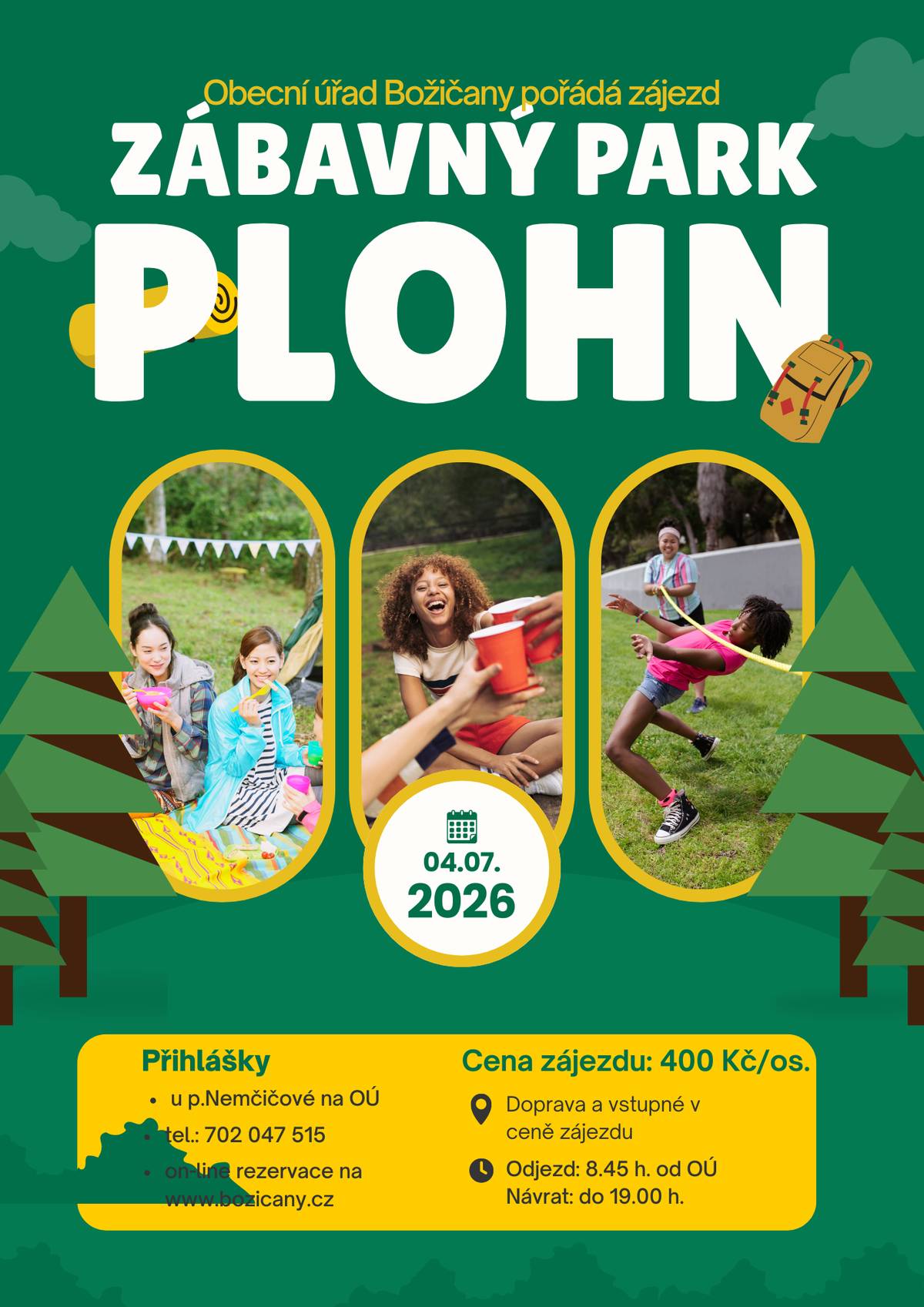 Srdečně Vás zveme na jednodenní zájezd do zábavného parku Plohn, Německo v sobotu 4.července 2026. Cena zájezdu 400 Kč/os. (doprava, vstupné). Odjezd v 8.45 hod. od obecního úřadu. Dítě musí mít svůj pas nebo občanský průkaz. Rezervace zájezdu je možná na OÚ Božičany, webových stránkách obce nebo u p.Nemčičové, tel. 702047515. Váš obecní úřad.