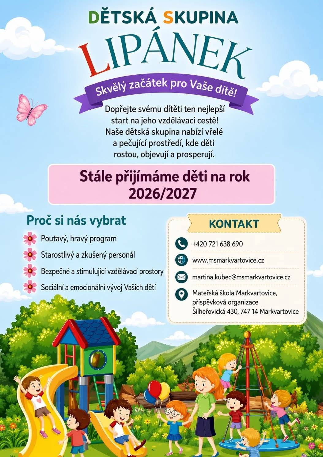 Naše dětská skupinka v moderní budově v klidné části na okraji Markvartovic nabízí příjemné a láskyplné prostředí pro děti ☺️ Pokud právě hledáte místo pro své dítě, budeme rádi, když se nám ozvete. Více informací najdete v přiloženém plakátku. Fotografie ze všedních dnů ve skupince naleznete na facebookové stránce MŠ Markvartovice 🌸
