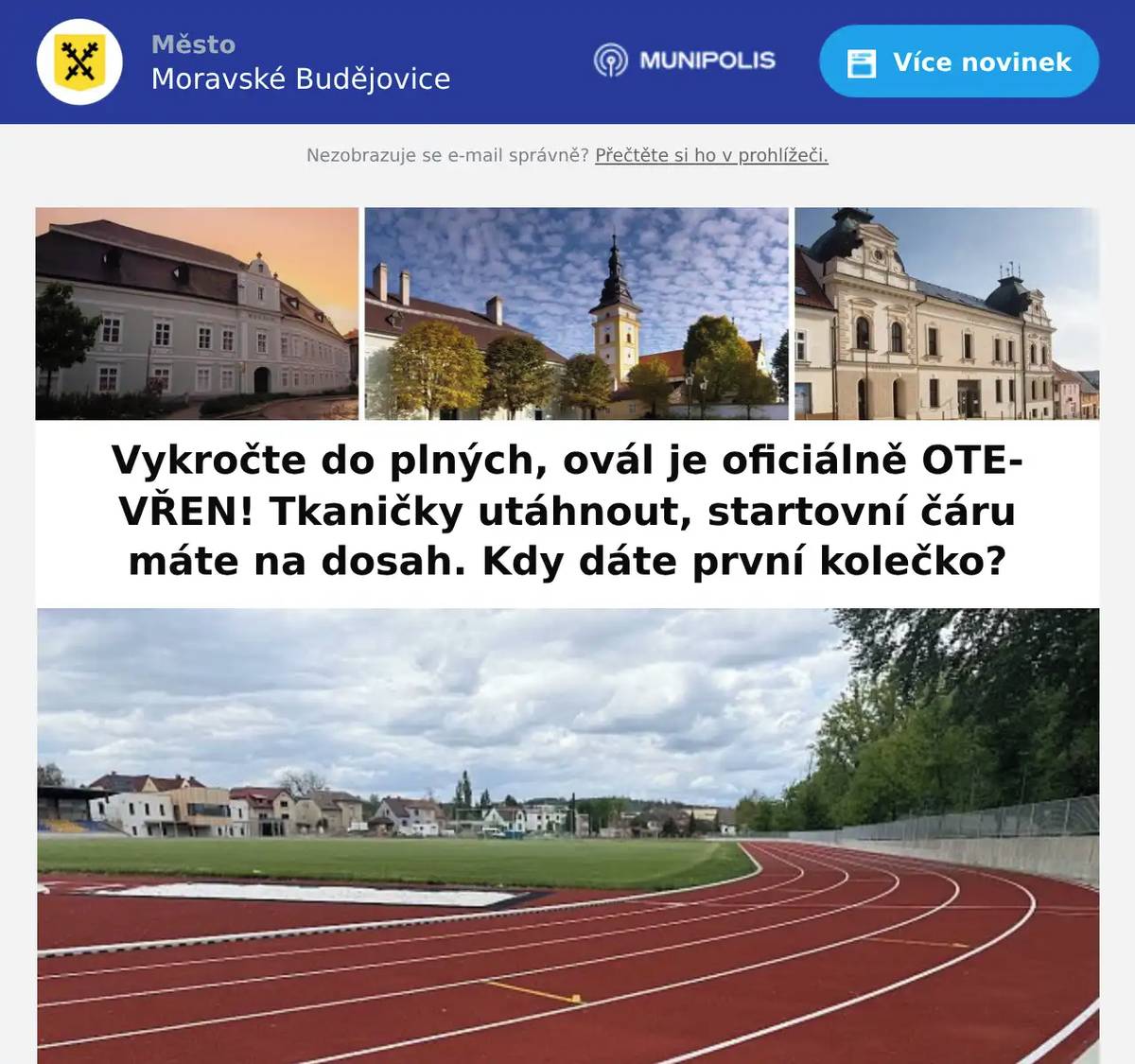 Od dnešního dne můžete využívat ovál u fotbalového hřiště. Pokud narazíte na trénující školy a atletické oddíly, domluvte se s nimi, které dráhy můžete využívat, mají přednost! Na povrch vstupujte v čisté běžecké obuvi, nebo tretrách. Věci si nechávejte na tribuně a nevstupujte na fotbalové hřiště! Podrobná pravidla níže. „Nekonečná rovinka? Ne, dokonalý okruh! Náš ovál je odteď kompletně váš. Přijďte otestovat svoji formu.“
