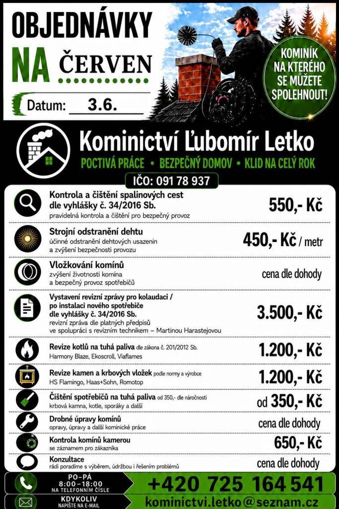 Kominictví Letko - objednávky na červen dne 3.6.2026. Více informací v letáku.