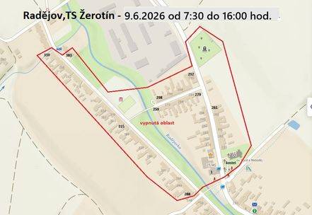 Z důvodu plánovaných prací na zařízení distribuční soustavy - rekonstrukcí, oprav, údržbových a revizních prací - bude přerušena dodávka elektrické energie: Odstávka číslo: 260218152 Dne 09.06.2026 od 07:30 do 16:00 Vypnutá oblast: Radějov, TS Žerotín - Hlavní od hřbitova a čp.292 po kostel a čp.1,od čp.292 a čp.279 po čp.298 a čp.259,od čp.310 a č.383 po čp.288. EG.D, s.r.o., jako provozovatel distribuční soustavy je k provedení tohoto nezbytného kroku oprávněna na základě ustanovení § 25 odst. (3) písmeno c) bod 5 zákona č. 458/2000 Sb. ve znění pozdějších předpisů (energetický zákon). Žádáme odběratele el.energie o pochopení pro toto nezbytné omezení. Upozornění: V době přerušení dodávky elektřiny je nutné z důvodu bezpečnosti považovat energetické zařízení za zařízení pod napětím. Případné použití vlastního náhradního zdroje v době přerušení dodávky elektřiny je nutné předem vždy projednat se společností EG.D, s.r.o. Pro případné další informace volejte Nonstop linku EG.D 800 22 55 77 nebo navštivte www.egd.cz, kde najdete další informace o přerušení dodávek elektřiny.