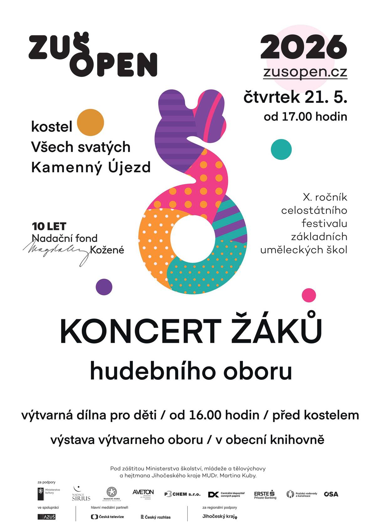 Ve čtvrtek 21. 5. 2026 odpoledne jste všichni srdečně zváni na ZUŠ OPEN. Připraveny jsou výtvarné dílny pro děti, výstava v obecní knihovně a od 17 h koncert v kostele.