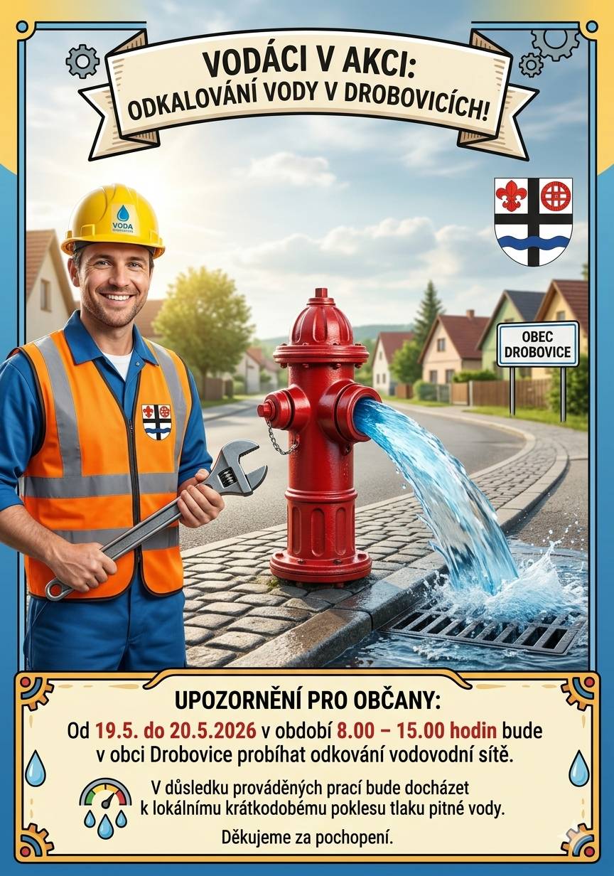 UPOZORNĚNÍ PRO OBČANY: Odkalování vodovodní sítě Kdy to bude probíhat?   Datum: Od terça 19. 5. do středy 20. 5. 2026   Čas: Každý den v rozmezí 8:00 – 15:00 hodin   Kde?   V celé obci Drobovice    Důležité info: V důsledku prováděných prací může docházet k lokálnímu, krátkodobému poklesu tlaku pitné vody.  Děkujeme za pochopení!