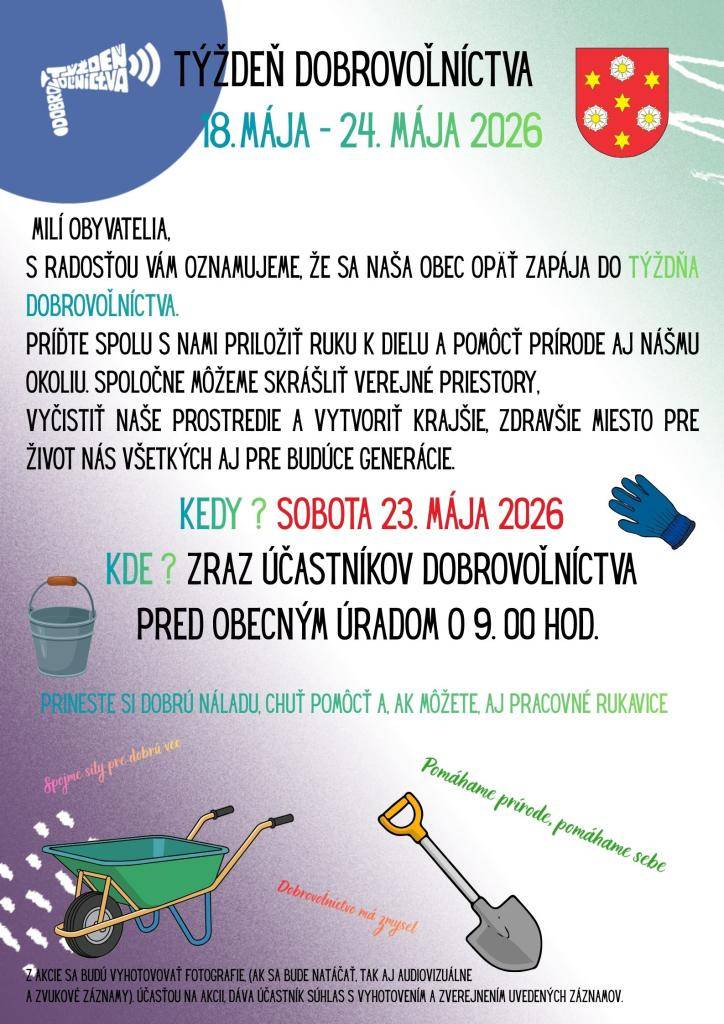 Tešíme sa na všetkých, ktorí chcú priložiť ruku k dielu aj v našej obci a spraviť naše okolie krajším.  Spoločne sa stretneme v sobotu o 9:00 pred obecným úradom.    Ak by však niekto chcel pomôcť už počas týždňa, pokojne sa zastavte na obecnom úrade a dohodneme sa na aktivitách a pomoci.
