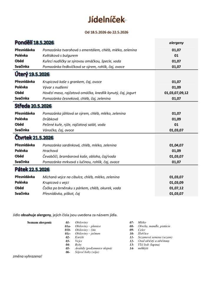 Jídelníček základní školy platný v týdnu od 18. do 22.5.2026.